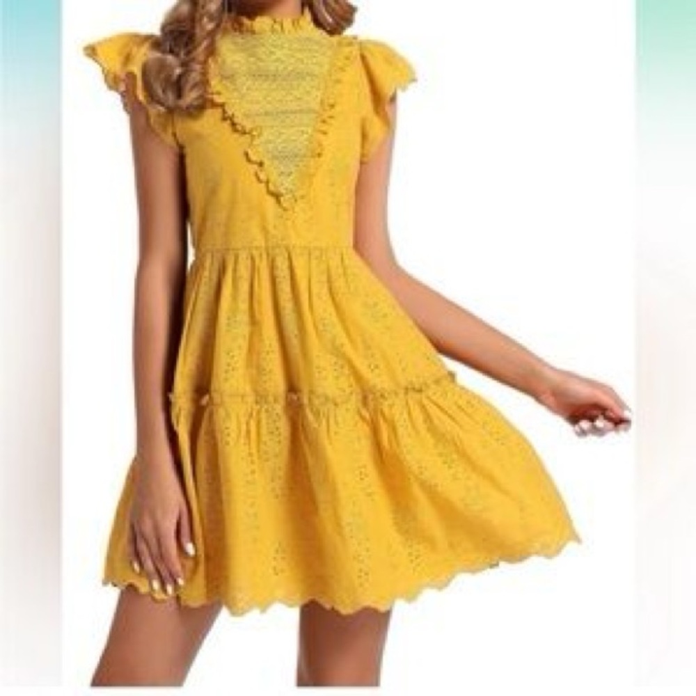 ⭐️NWT HOUSE OF HARLOW Yellow Eyelet Ruffle Cotton Babydoll Scallop Coastal Dress